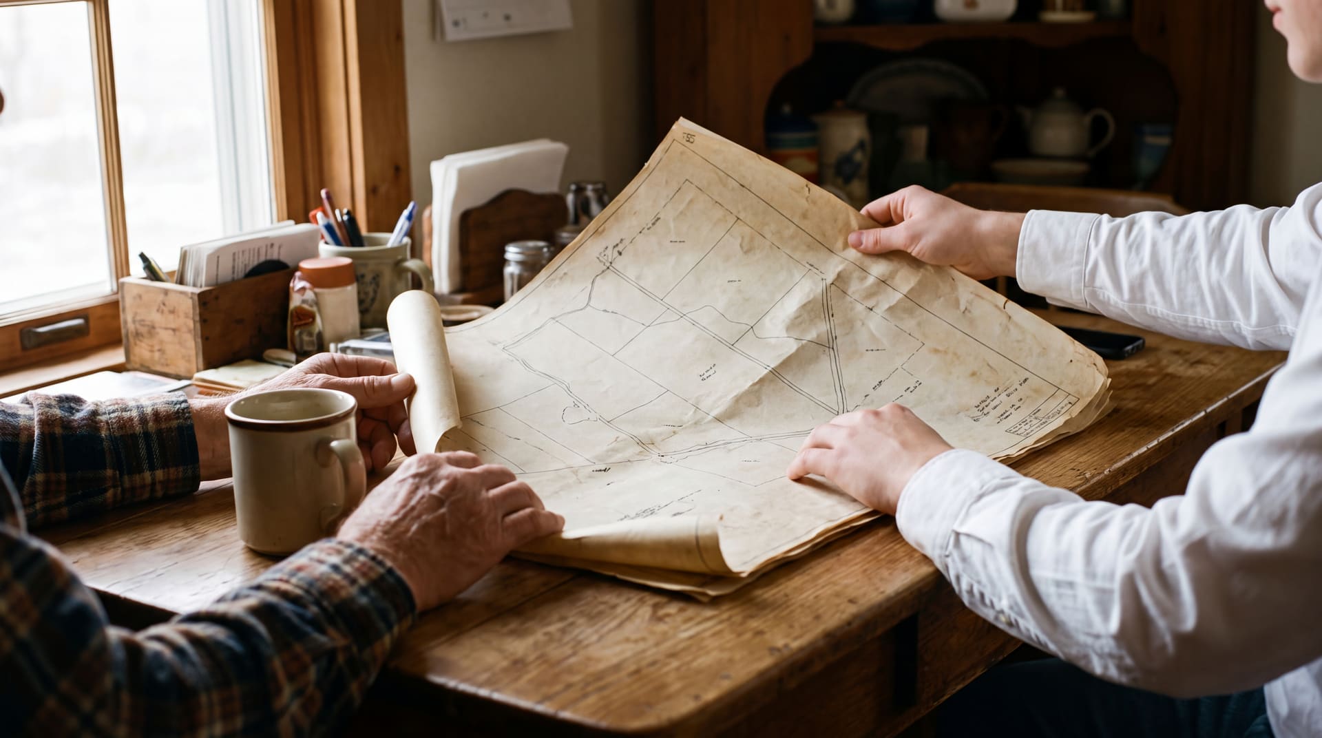 A landowner and a right of way agent reviewing a property map at a farmhouse kitchen table.