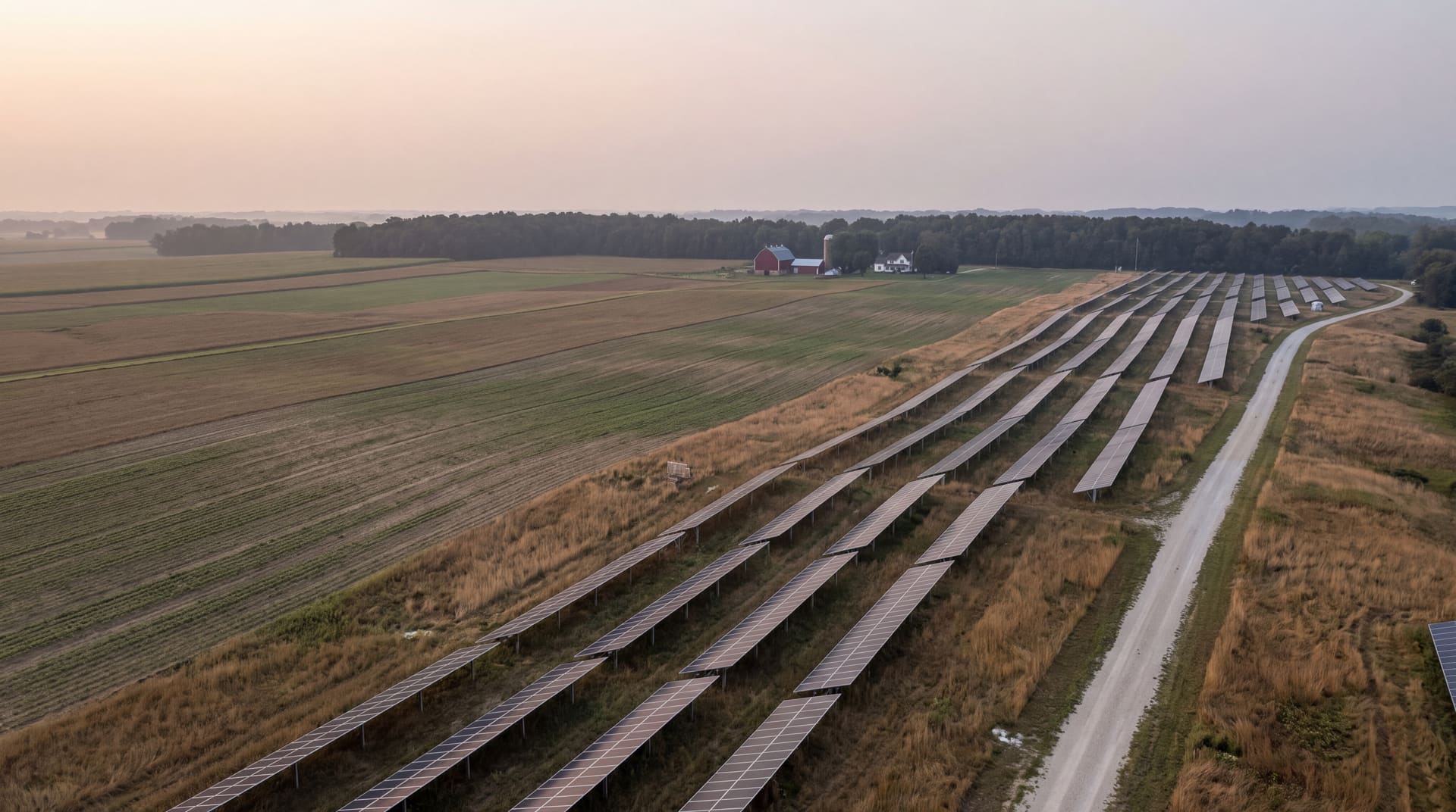 A utility-scale solar array on Midwestern farmland beside a red barn and farmhouse.