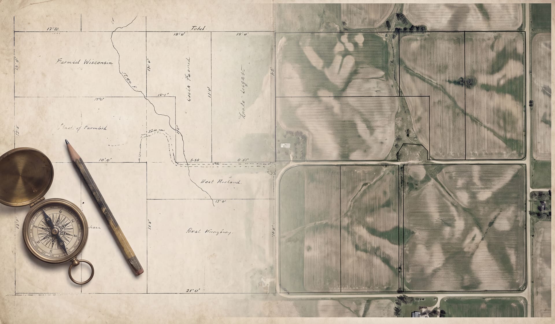 A hand-drawn parcel plat map blending into an aerial photo of the same farmland, with a brass compass and pencil.